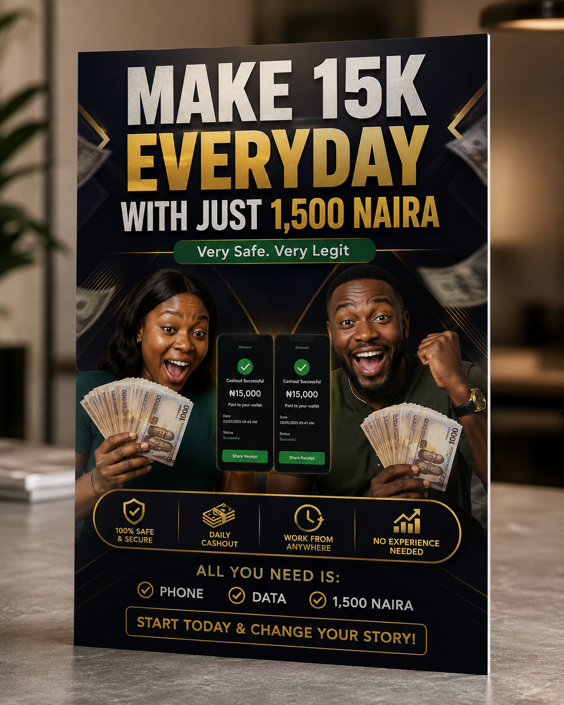 Professional 3D flyer mockup of the product cover — Make 15K everyday with just 1,500 Naira